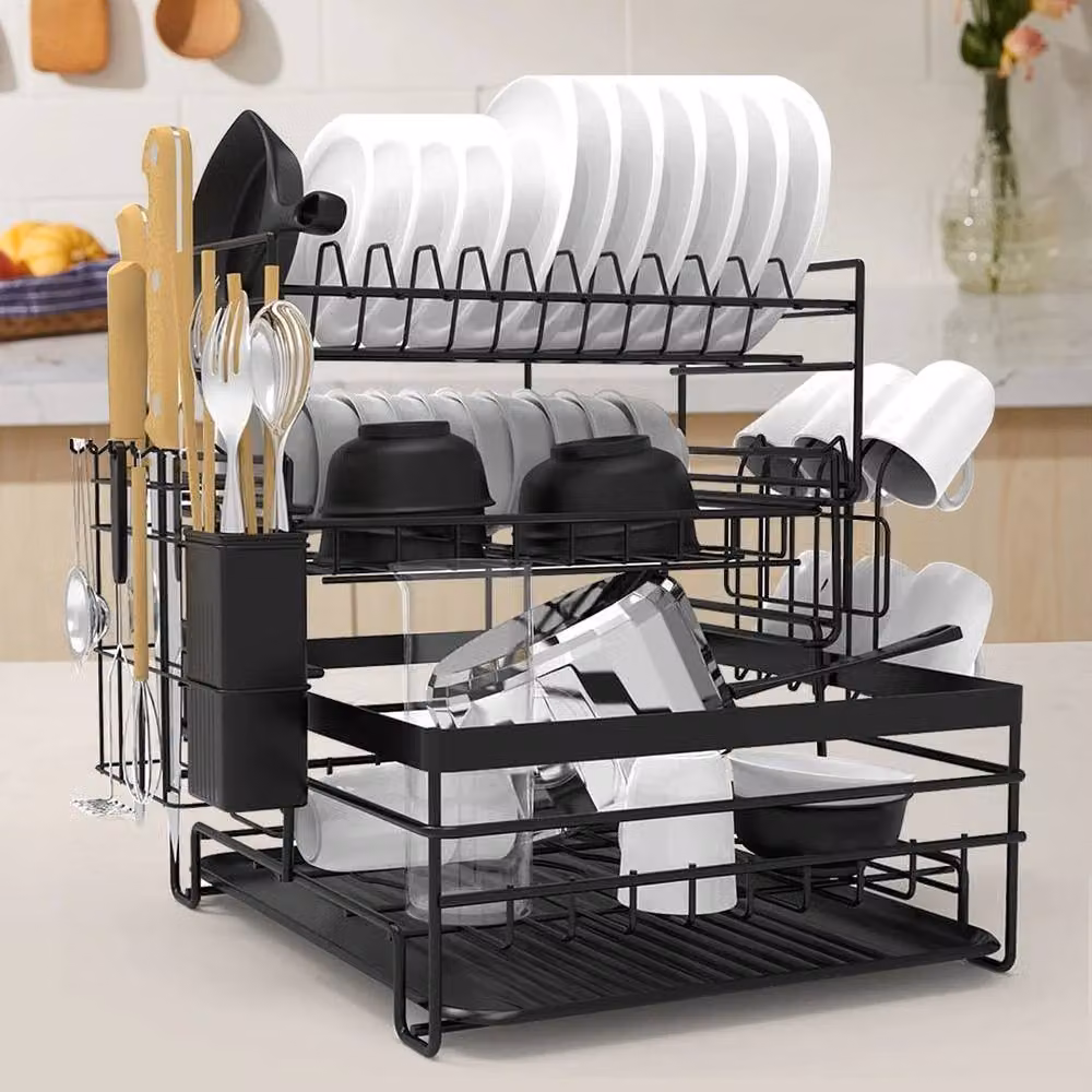 EONLION 3 Tier Black Dish Drainer Rack with Cutlery Holder and Drip Tray – 3
