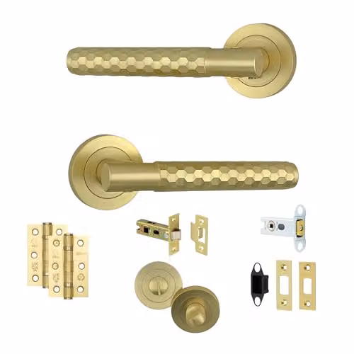 AXS Hardware Montana Internal Door Handles on Rose, Satin Brass Bathroom Door Pack for Wooden Doors with Concealed Fix