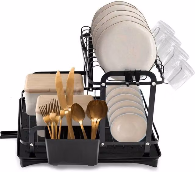 EONLION 2 Tier Black Metal Dish Drainer Rack with Cutlery Holder, Width: 100 cm – 1