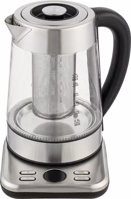 HOMCOM Transparent Glass and Stainless Steel Electric Tea Kettle with Sieve and Keep Warm Function, 1.7 l – 1