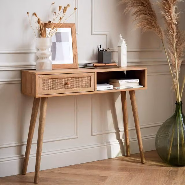 Sweekeeth Boho Wood and Rattan Decor Console Table in Brown, W: 100 cm, H: 81 cm – 1