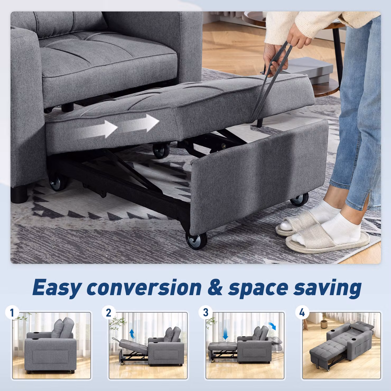 HOMCOM 3-in-1 Single Sofa Bed, Convertible Fabric Sleeper Chair with Armrests and Cup Holder, Dark Grey – 4