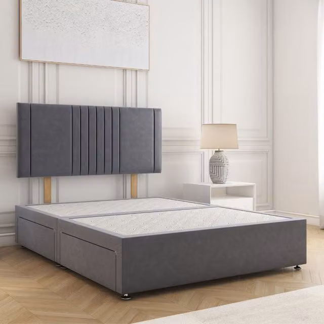 BSSPOKE Monaco Small Double Divan Bed with 24 Inch Plush Headboard and 2 Drawers in Charcoal Grey