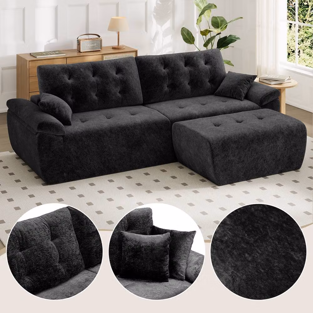 Dprodo 4 Seater L Shaped Chenille Sofa in Black, Reversible Modular Sectional with Matching Ottoman and Scatter Cushions, Width: 275 cm – 3