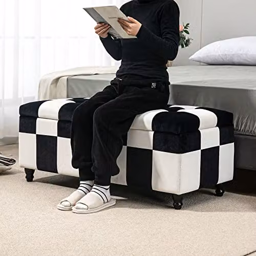 HOMCOM Velvet Storage Ottoman in White and Black, Button-Tufted Padded Footstool with Rubberwood Frame, W/D/H: 114 x 47 x 47 cm – 6