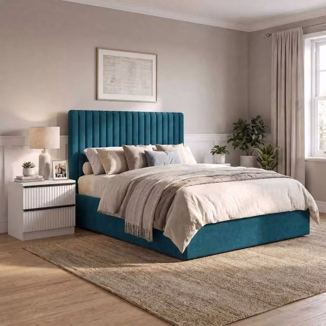 FWStyle King Size Ottoman Storage Bed in Petrol Blue Velvet, W/D/H: 112.5 x 169 x 217 cm