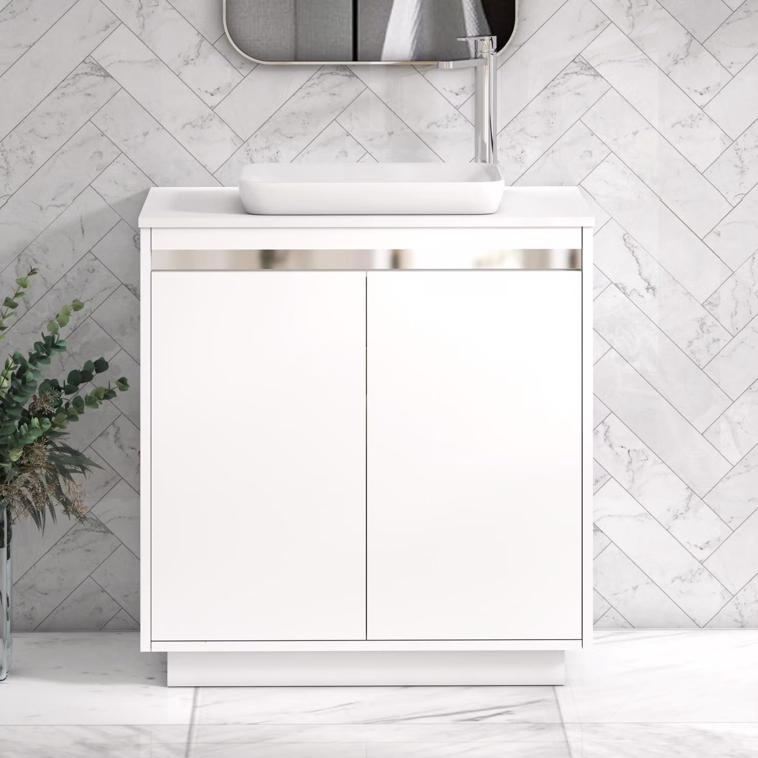 Royal Bathrooms Orion 800mm Matt White Floor Standing 2 Door Vanity Unit with Qubix Basin and Chrome Accent Trim
