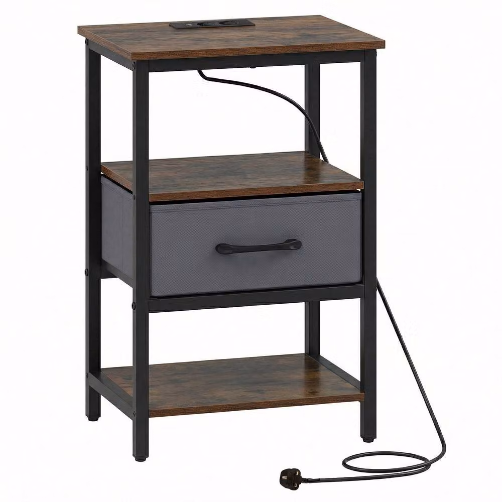 Costway Modern Side Table and Bedside Nightstand with Drawer and Shelves in Brown – 3