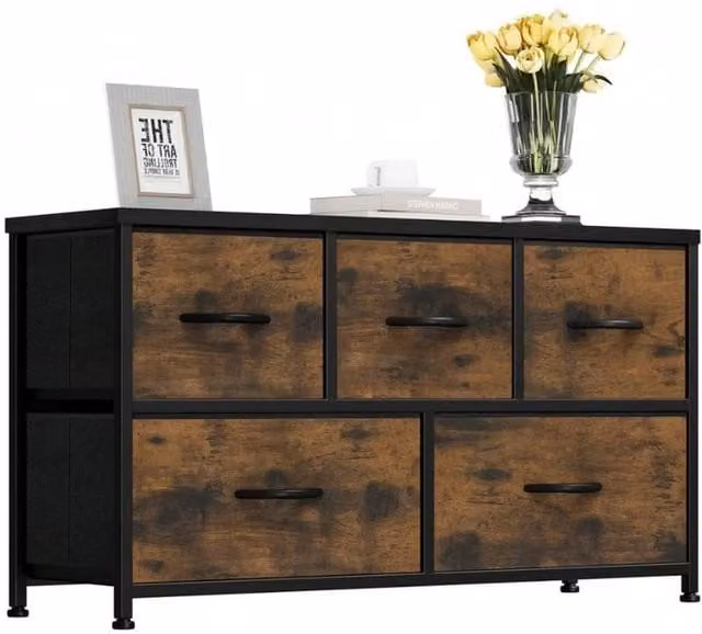 VOGREX Brown Steel Frame 5 Fabric Drawer Storage Chest with Wood Top