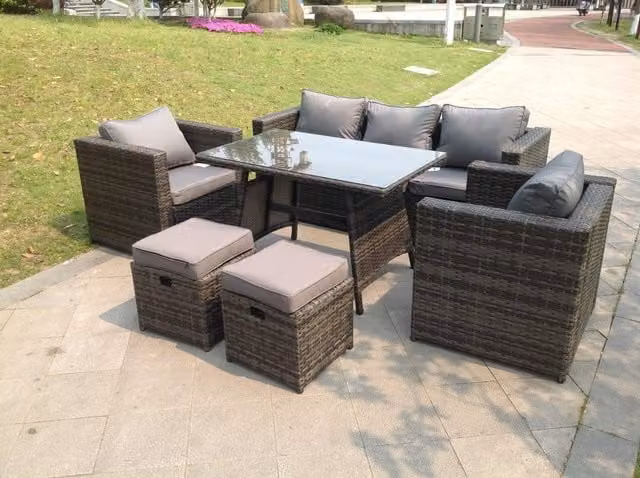 Fimous 7 Seater Rattan Garden Dining Set with Rectangular Table and 2 Footstools in Dark Grey