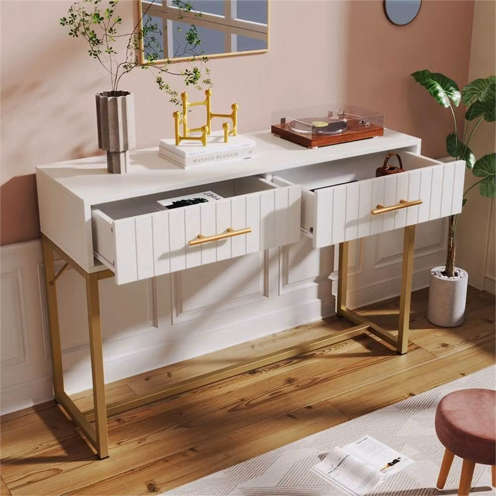 Nordara Modern Console Table with 2 Drawers, White and Gold Metal and Wood Frame – 2