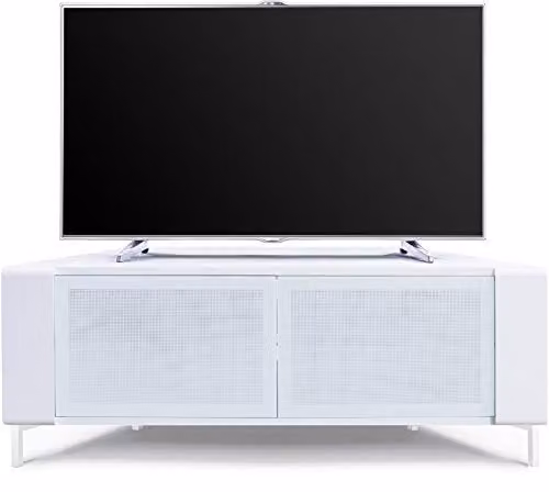 MDA Designs CORVUS Gloss White Contemporary Corner-Friendly TV Cabinet with BeamThru Glass Doors, W/D/H: 120 x 45 x 48 cm – 3