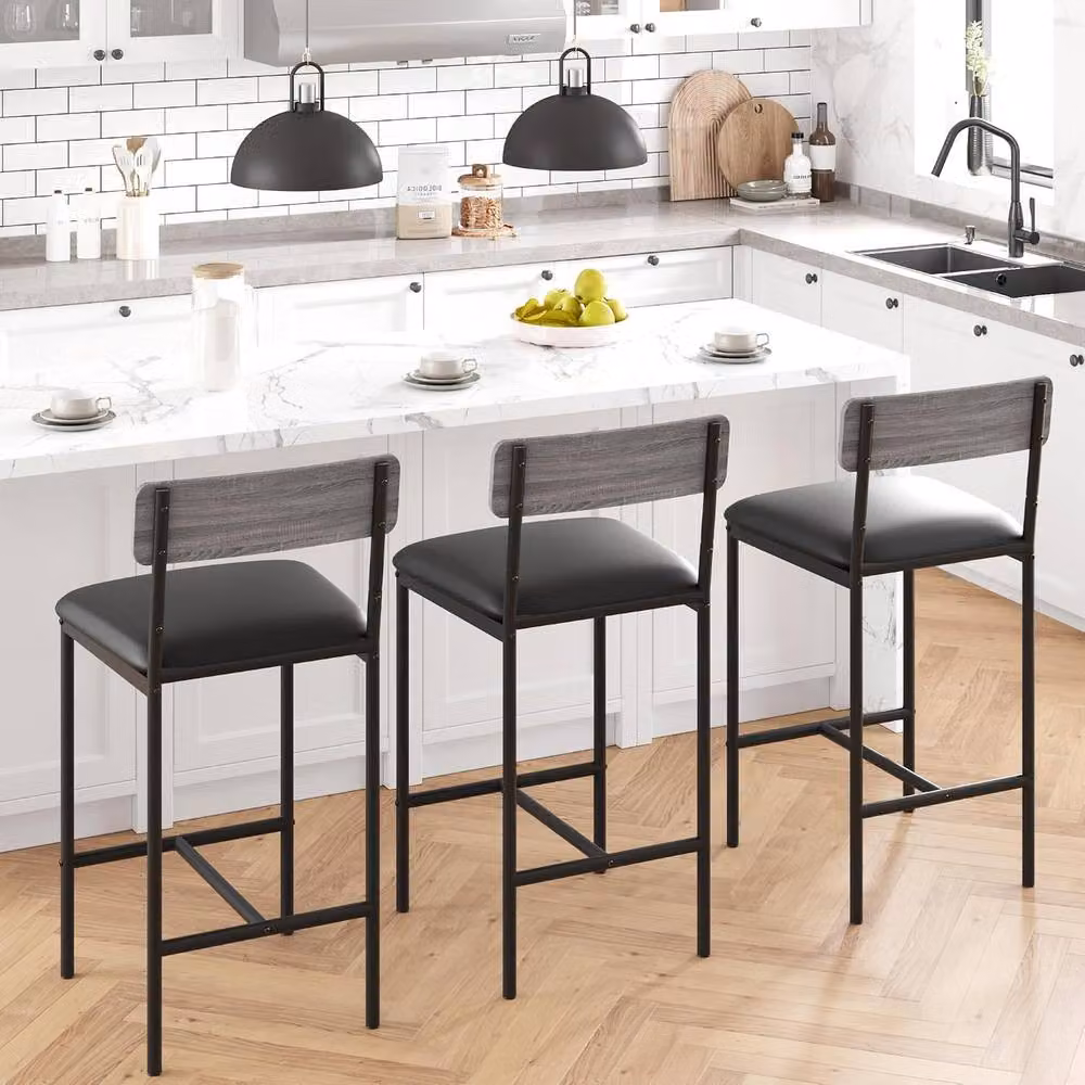 London Boutique Set of 2 Upholstered Counter Height Bar Stools in Dark Grey – 5