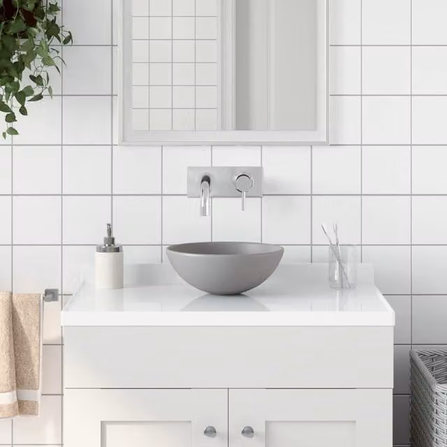 Berkfield Home Round Ceramic Countertop Bathroom Sink in Grey, W/D/H: 28 x 28 x 10 cm – 1
