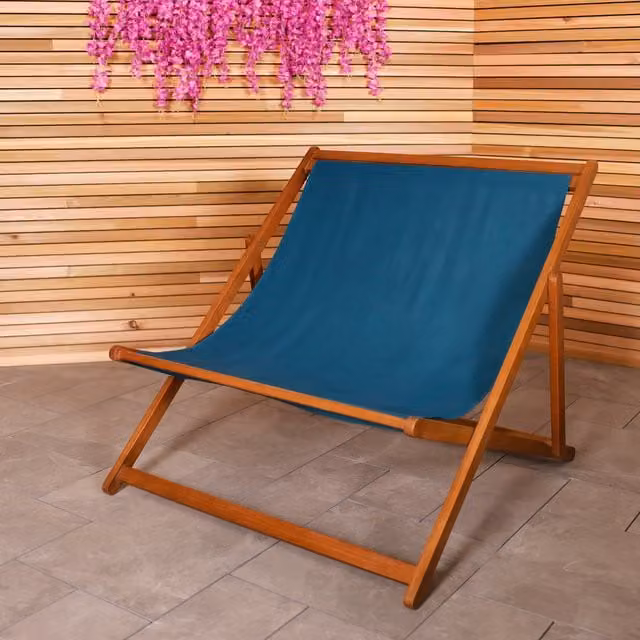 Charles Bentley FSC Acacia Wood Double Deck Chair with Blue UV-Resistant Polyester Fabric, W/D/H: 112 x 105 x 95 cm