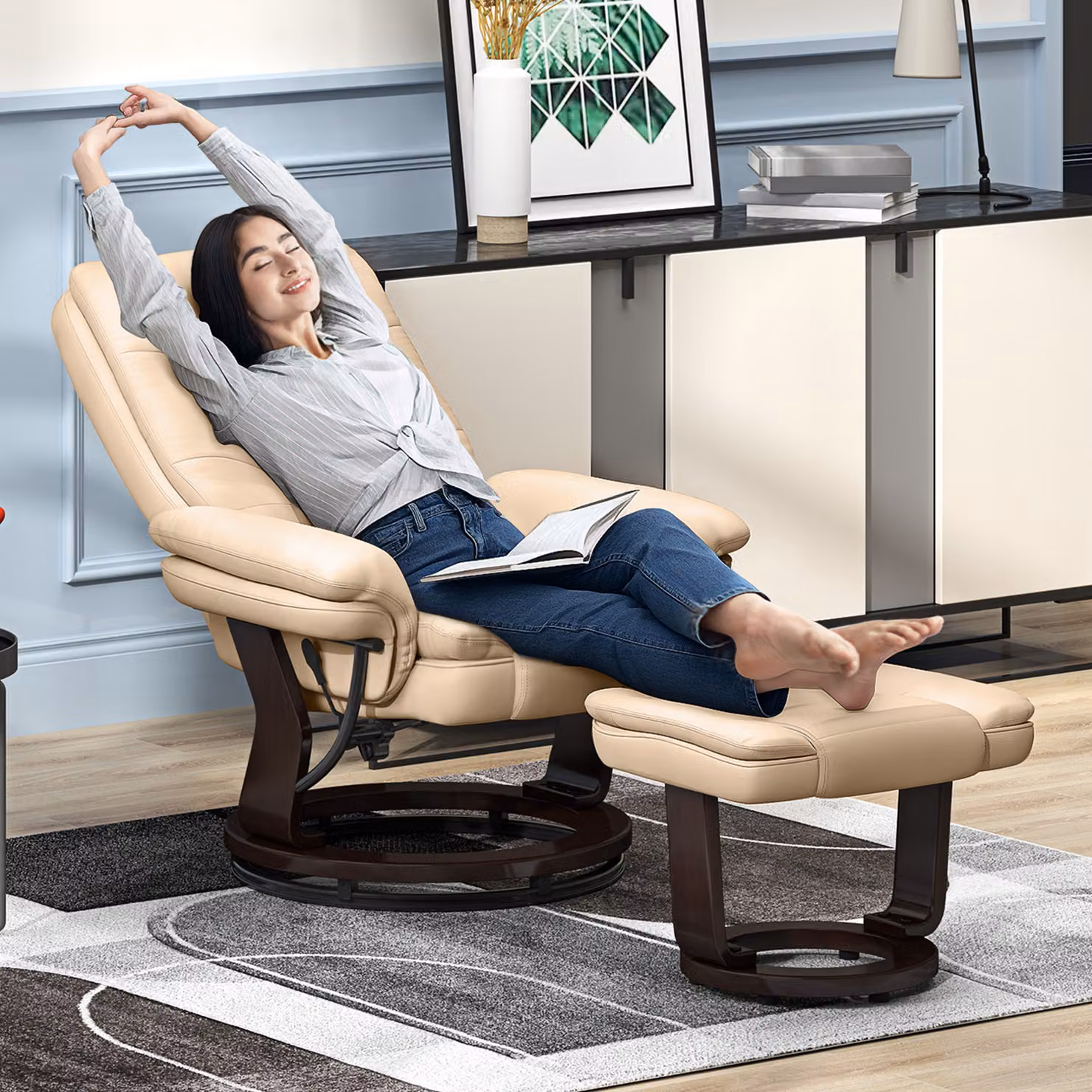 HOMCOM Reclining Lounge Chair with Footstool in Beige Faux Leather – 2