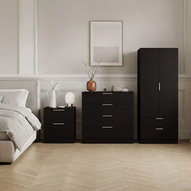 Vida Designs Trega 3-Piece Black Bedroom Set Including Wardrobe, 4-Drawer Chest and 2-Drawer Bedside Tables – 1