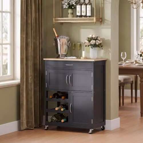 HOMCOM Modern Kitchen Trolley Rolling Island Storage Cart with Drawer, Black, W/D/H: 67.0 x 37.0 x 87.0 cm – 7