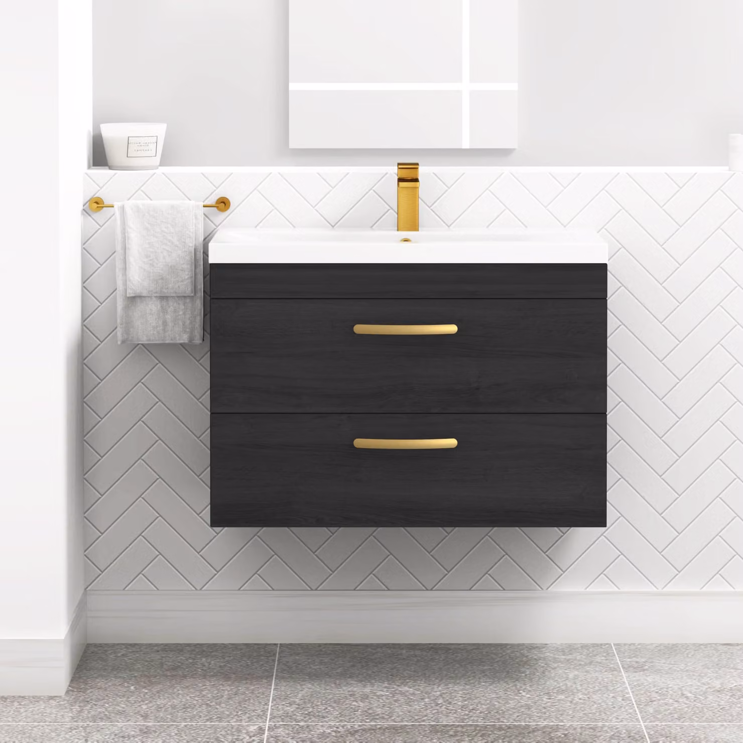 Royal Bathrooms Turin 800mm Wall Hung Vanity Unit in Hale Black with 2 Drawers and Brushed Brass Handles