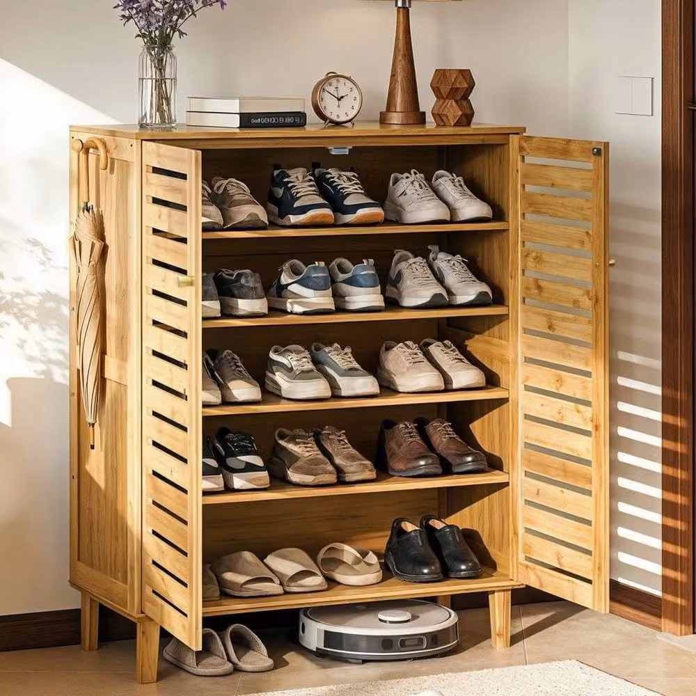 Hinsinc 6-Tier Wooden Shoe Cabinet Storage with Hinged Doors in Natural Brown – 3