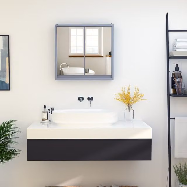 HOMCOM Grey Wall Mounted Bathroom Mirror Cabinet with Hinged Doors and Internal Shelves
