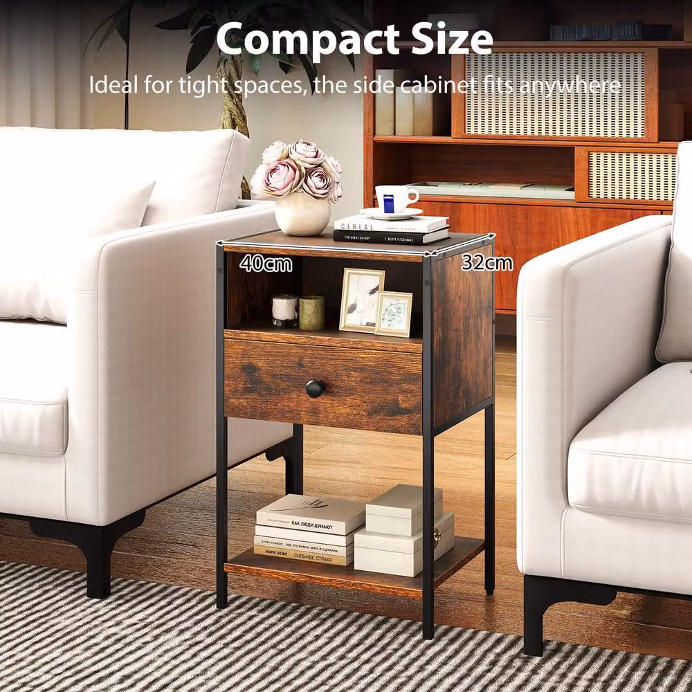 Gymax Industrial Nightstand End Table with Open Compartment Drawer and Shelf in Brown – 8