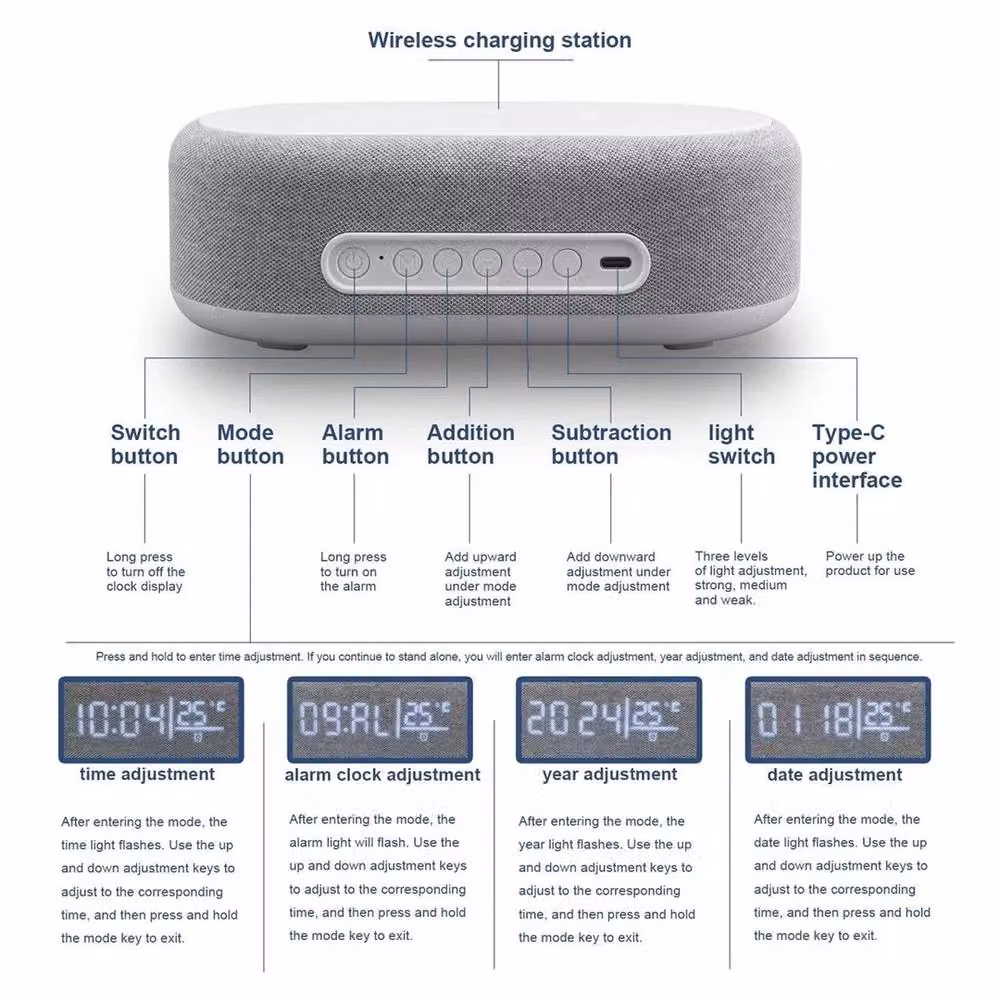NESTLUNE 6-in-1 Digital Alarm Clock and Bluetooth Speaker with 15W Output, Grey, W: 100 cm, H: 15 cm – 2