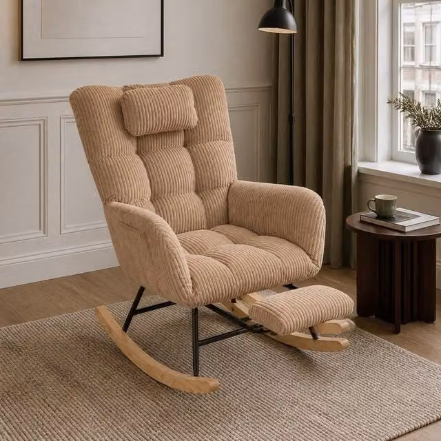 AKI HAUS Beige Corduroy Rocking Chair with Pull-Out Footrest – 1