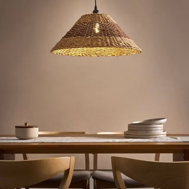 Wyld and Coco Paper Rope Pendant Lamp in Beige and Brown with Natural Plaited Shade