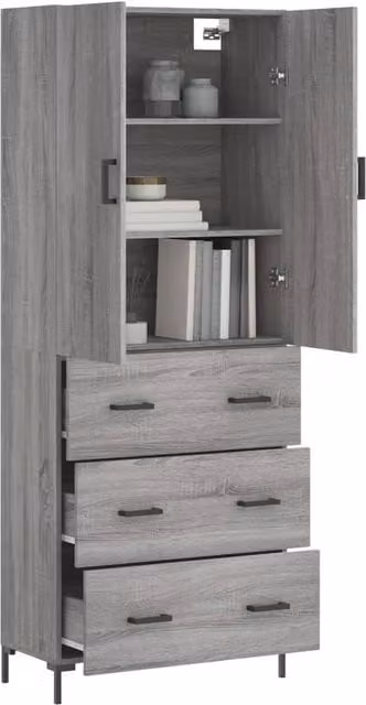 Berkfield Home Grey Sonoma Highboard with Hinged Doors and Internal Shelves, W/D/H: 69.5 x 34 x 180 cm