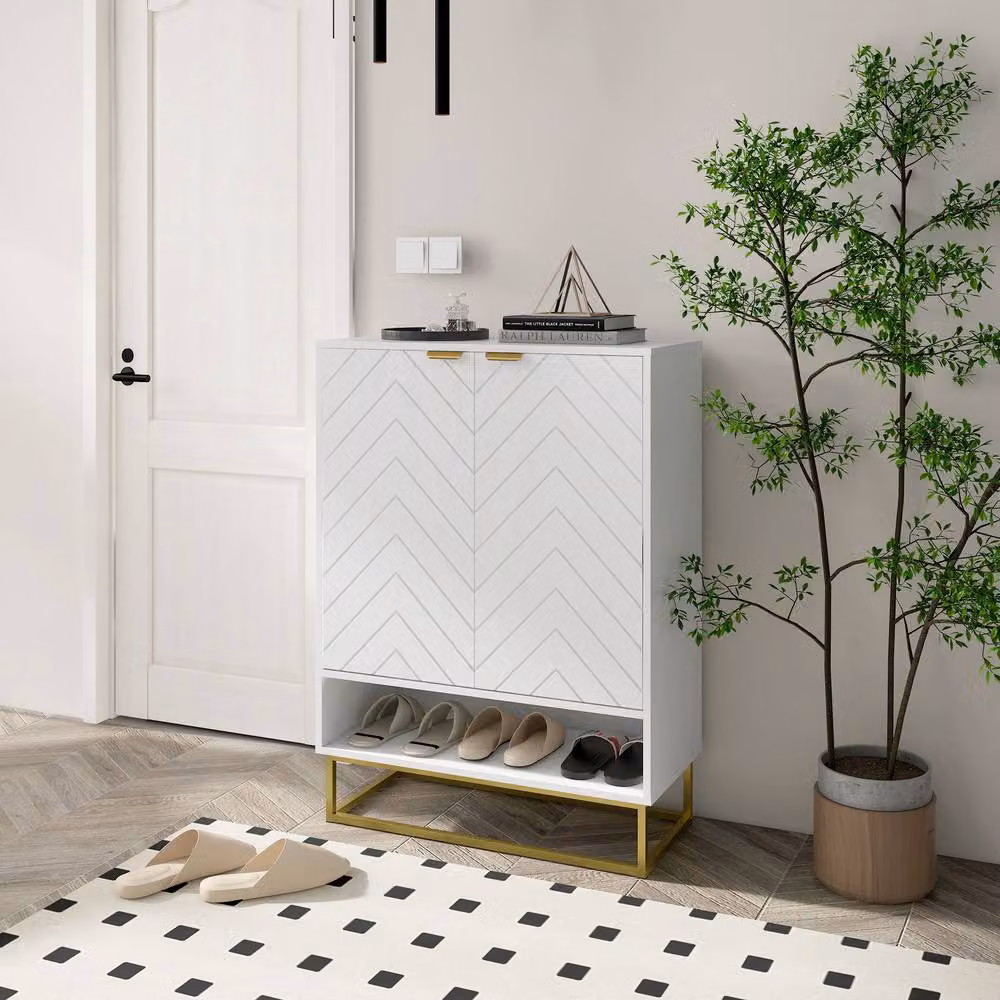 STILVORA Modern White and Gold Shoe Cabinet with Hinged Doors and Internal Shelves, W/D/H: 73 x 35 x 95 cm – 2