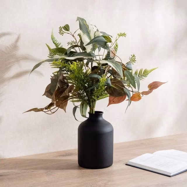 Scottish Everlastings Ltd Mixed Leaves Bouquet in a Black Vase, Green