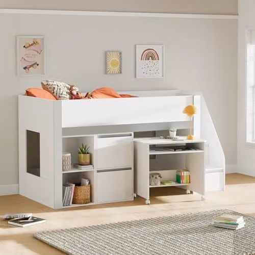 Julian Bowen Gaia Modern White and Silver Solid Wood Childrens Mid Sleeper Bed with Stairs and Drawers W/D/H: 190 x 90 x 157 cm – 1