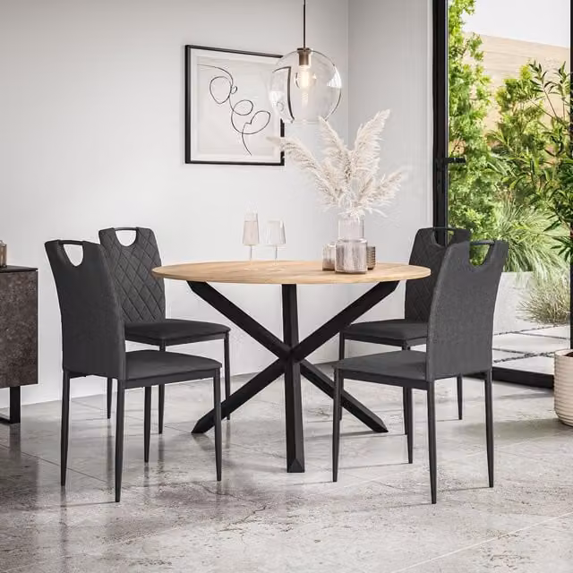 More4Homes Malvern Round Dining Table and Set of 4 Monza Fabric Dining Chairs in Charcoal and Oak – 1