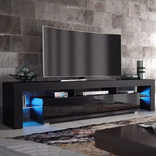 Creative Furniture Modern Glossy Black TV Unit with Glass Doors W/D/H: 200 x 45 x 35 cm