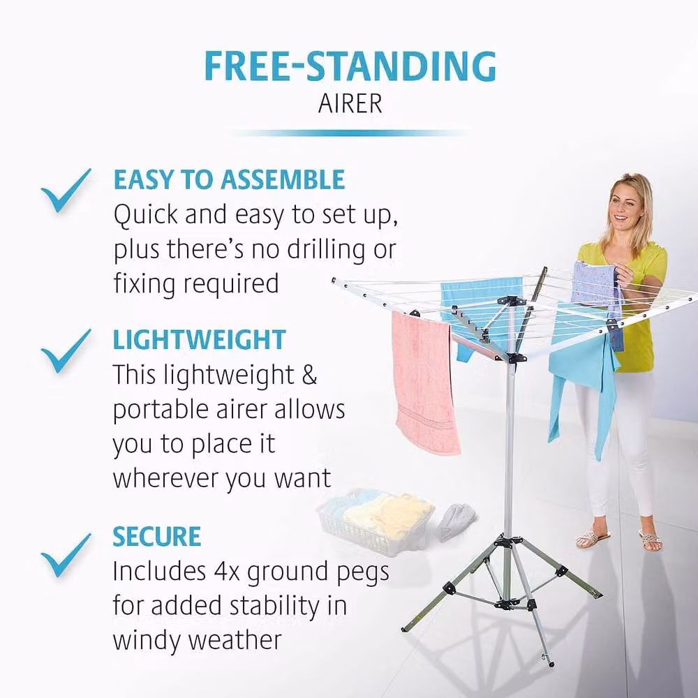 Clarsen Silver Aluminium Free Standing Foldable Clothes Airer with 16m Drying Line, H138 x W102 cm – 2