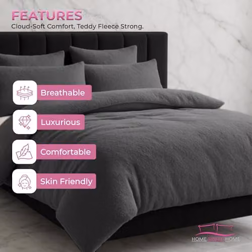 Home Sweet Home UK Teddy Bear Fleece Duvet Cover and Pillowcase Set in Grey, W/D/H: 180 x 200 cm – 4