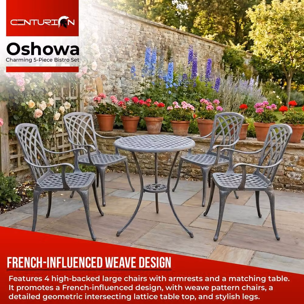 Centurion OSHOWA 5-Piece Cast Aluminium Bistro Set in Grey with Round Table and 4 High-Backed Armchairs – 2