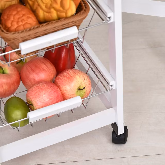 HOMCOM Drop-Leaf Kitchen Trolley with 3 Baskets in Oak and White