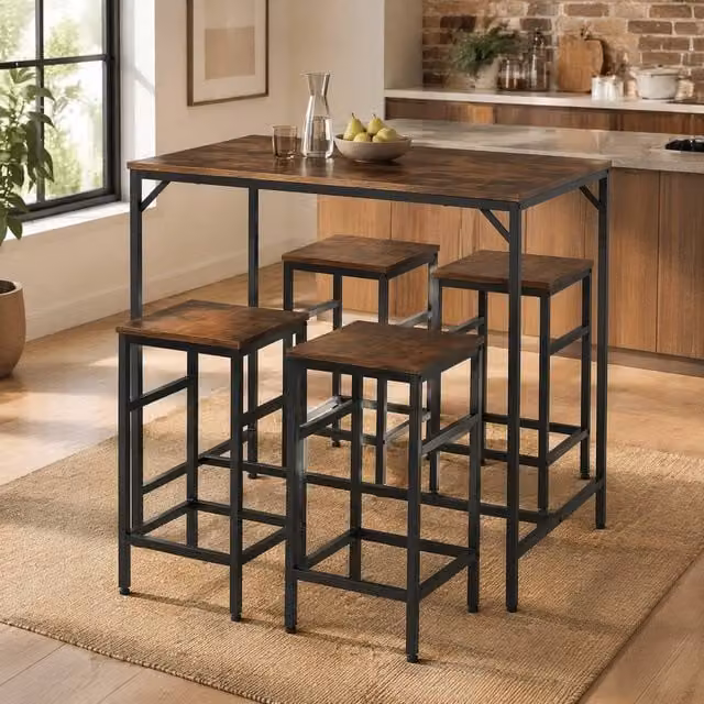 STILVORA Industrial Bar Table Set with 4 Stools in Brown MDF and Wood – 1