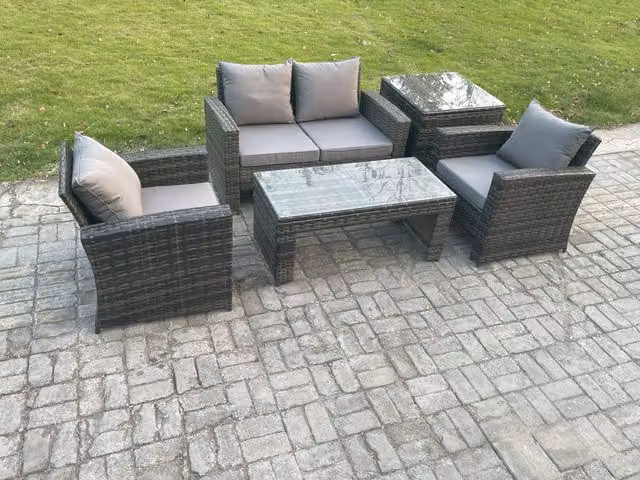 Fimous 4 Seater Rattan Garden Furniture Set in Dark Grey with Upholstered Cushions, Coffee Table and Side Table
