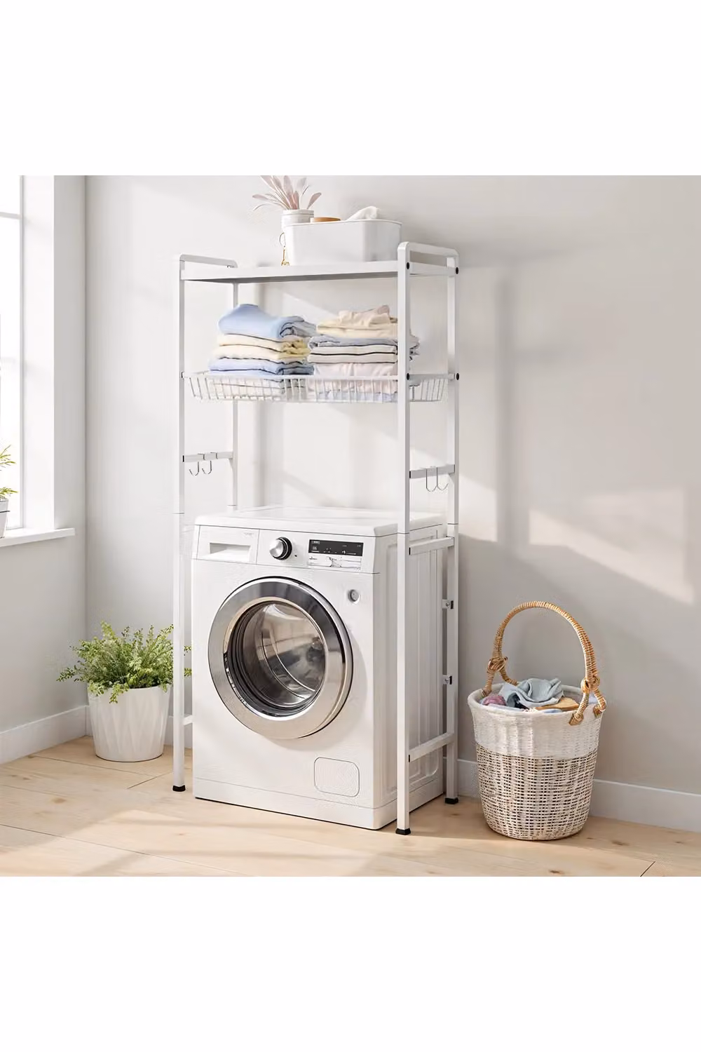 Living and Home 3-Tier Metal Above Washing Machine Storage Rack and Bathroom Shelf with Hooks in White – 2