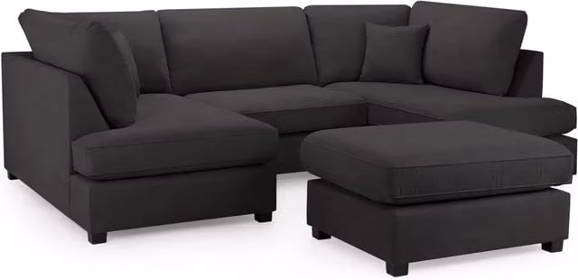 Zaye Living Carnaby U-Shape Corner Sofa with Matching Ottoman in Black Fabric