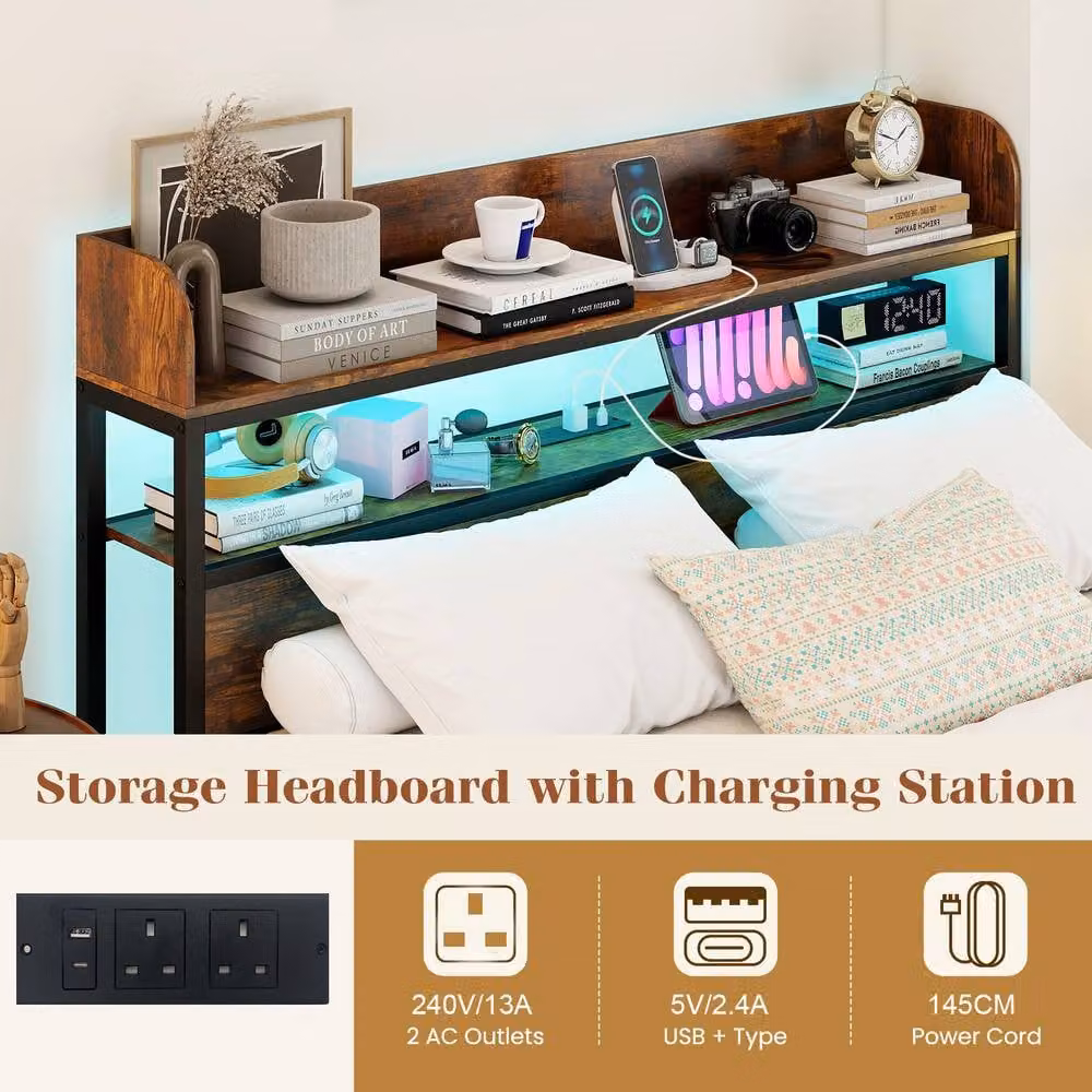 Costway Double Bed Frame in Brown with LED Lights, USB Charging Ports and Headboard, W/D/H: 140 x 200 cm – 4