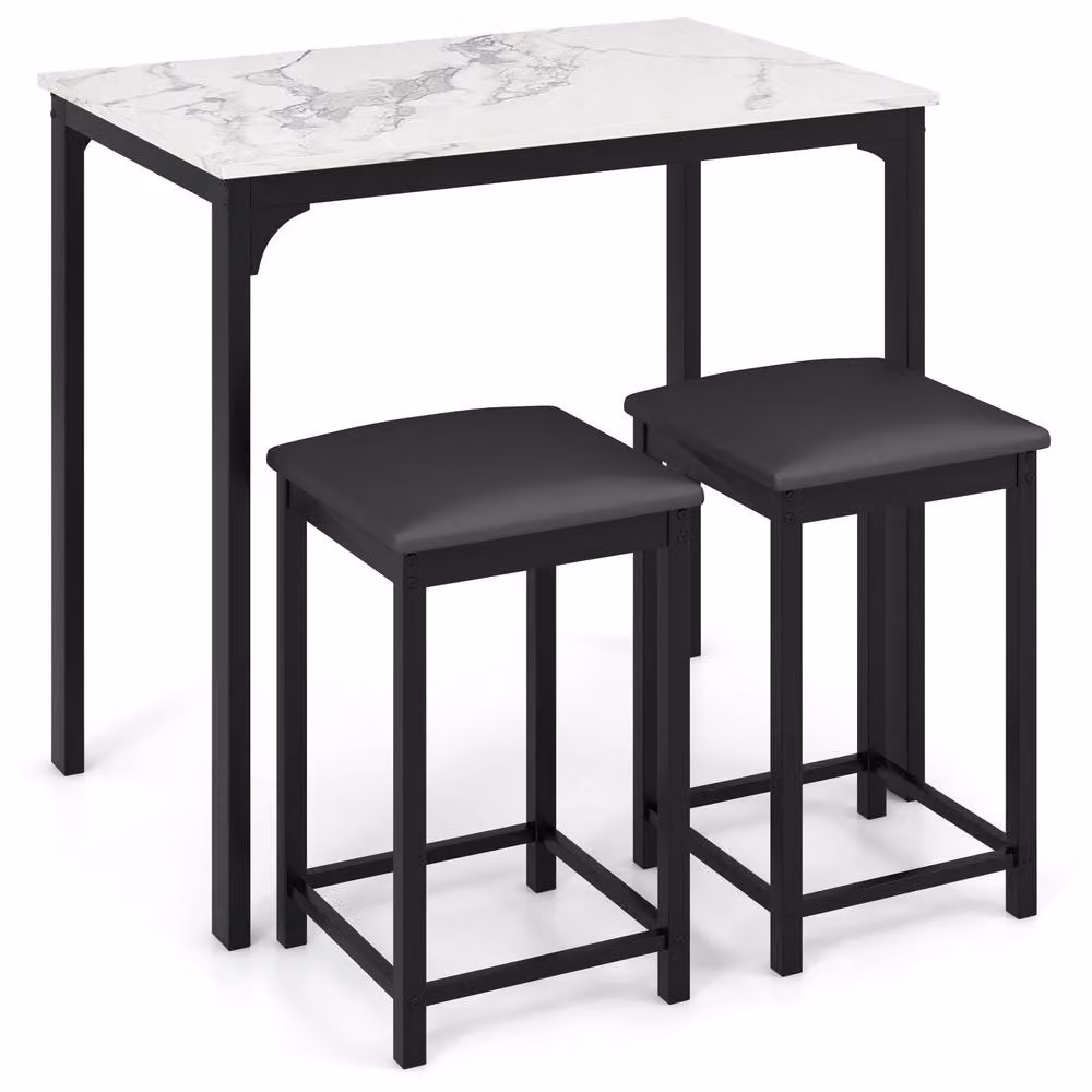 Costway 3 Piece Modern Bar Table Set with 2 Upholstered Stools in White and Marble Finish – 2