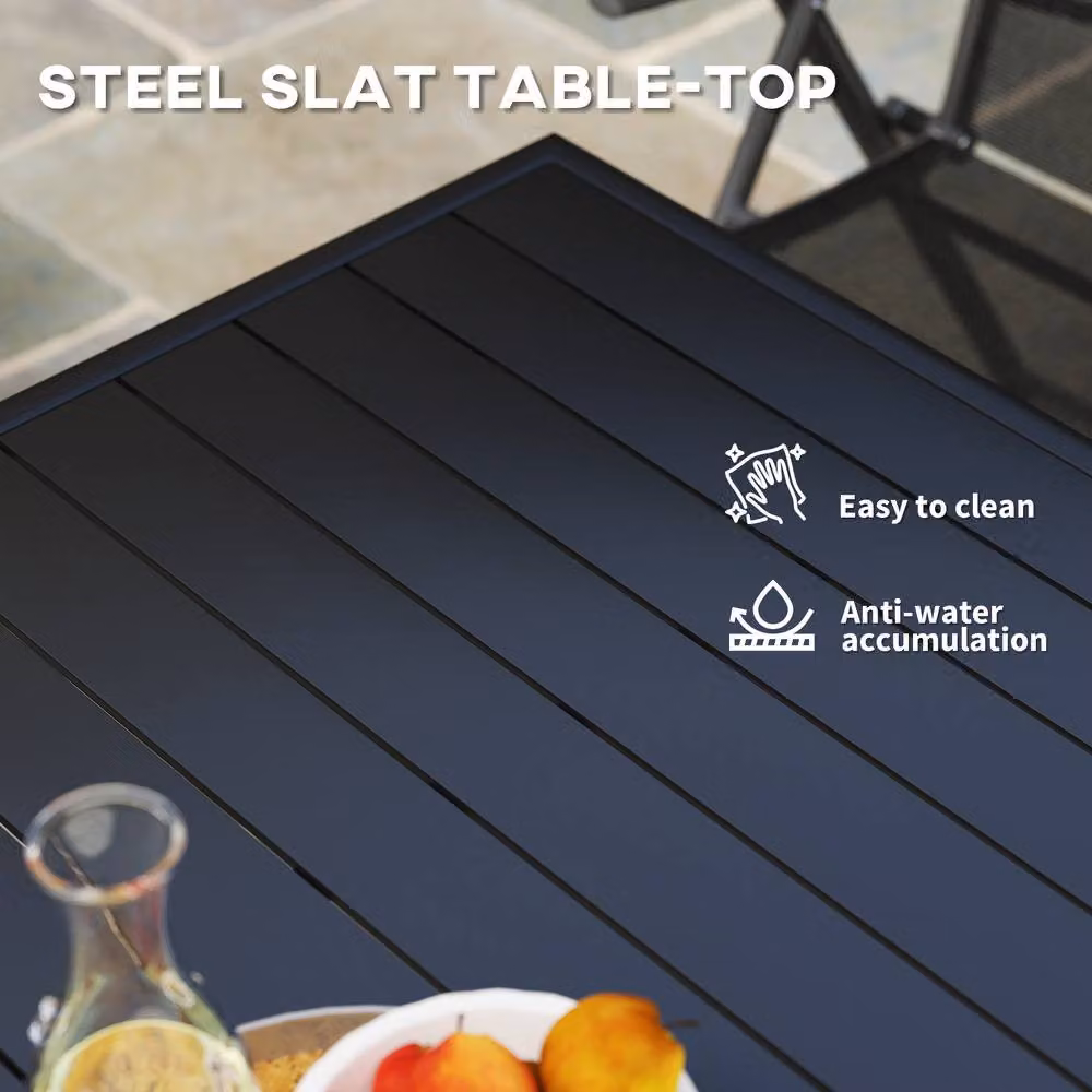 STILVORA Black Metal Garden Dining Table with Slatted Top for 4, W: 80 cm, D: 80 cm – 6