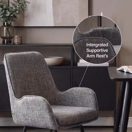 FWStyle Round Travertine Dining Table and 4 Grey Swivel Dining Chairs Set in Beige and Black – 4