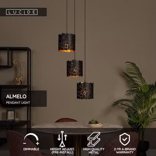 Lucide Almelo Netlighting Pendant Light, Black and Gold/Brass, 3 x E27, H 165 x W 45 x D 45 cm – 2