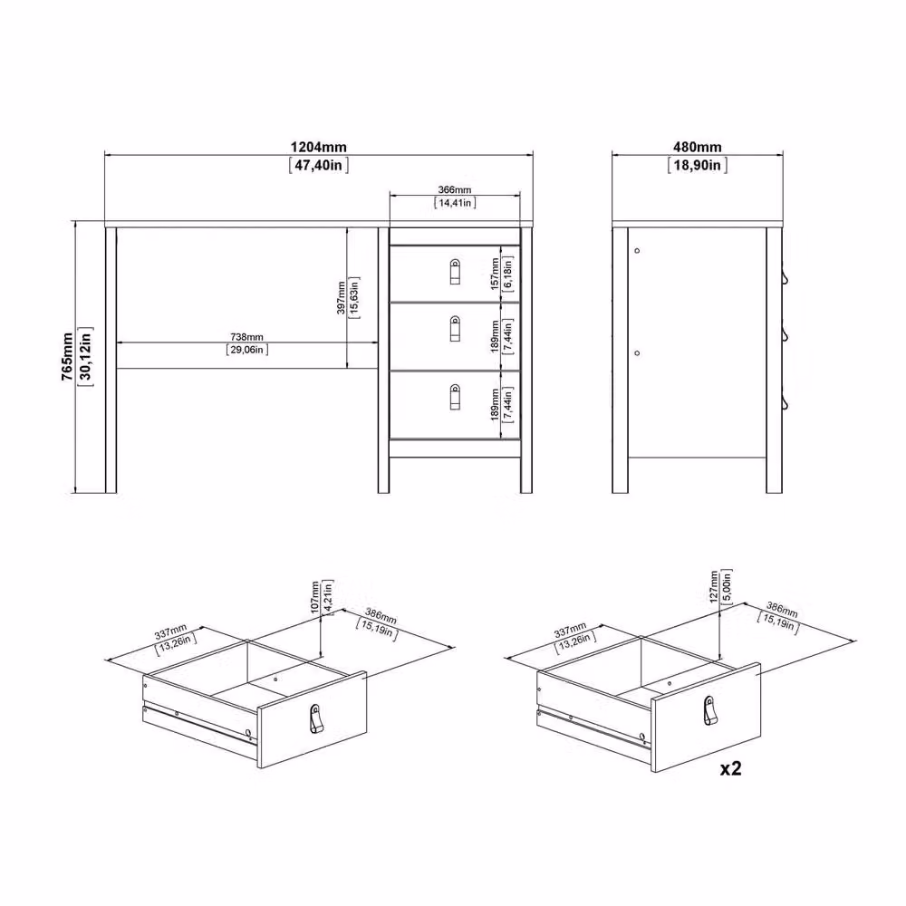 Wyld Haus Wildberry Modern Writing Desk in Matt Black with 3 Drawers and Leather Handles, W/D/H: 120.4 x 48.0 x 76.5 cm – 3