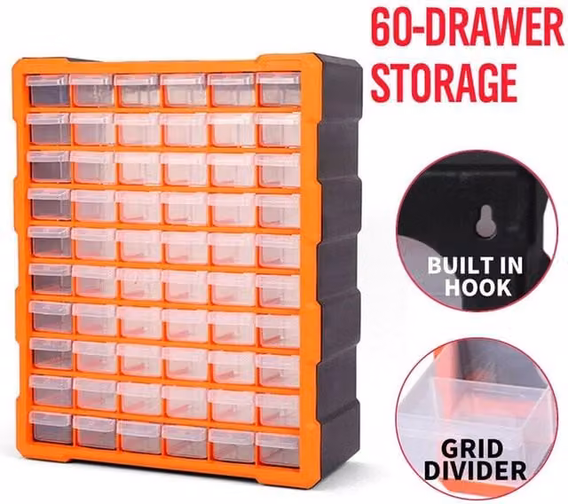 KORVIXA 60 Multi Drawer Organiser Garage Tool Box, Orange and Transparent, W: 100 cm, H: 100 cm